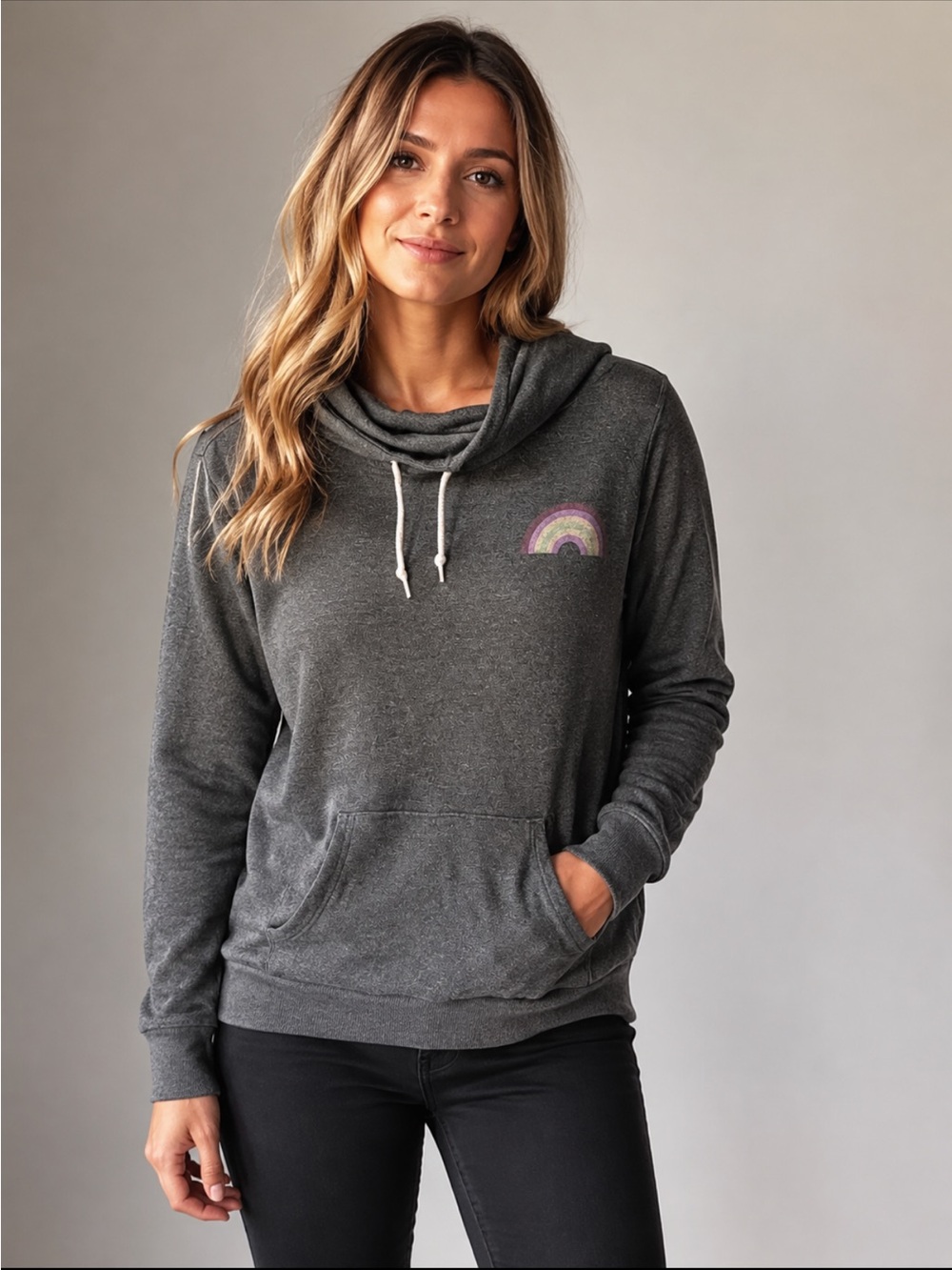 Well Worn Charcoal Gray Hoodie with Pastel Rainbow